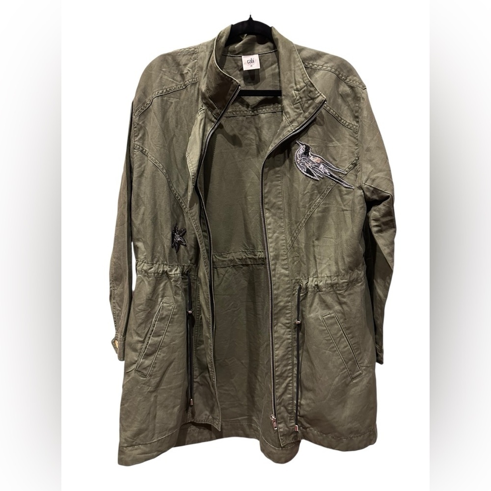 CAbi utility jacket moss/army green linen blend sequin bird/star patches Size M - Picture 6 of 12